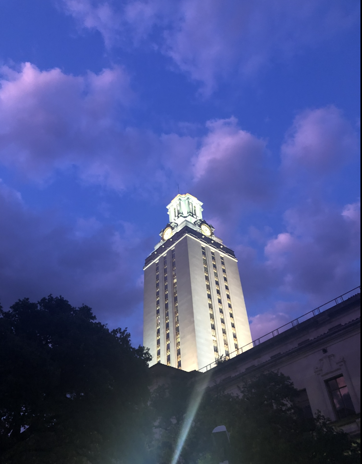 UT Tower with a purple sky